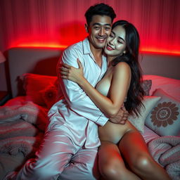 An intimate scene featuring a Chinese man in soft, stylish pajamas embracing a sexy, beautiful woman in a warmly lit bedroom with a captivating red glow