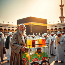 A vendor selling iced tea in a traditional attire, set against the backdrop of the Kaaba in Mecca during Umrah