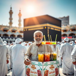 A vendor selling iced tea in a traditional attire, set against the backdrop of the Kaaba in Mecca during Umrah