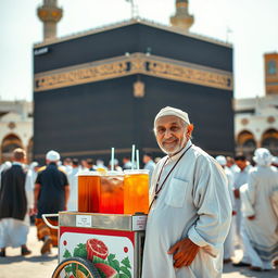 A vendor selling iced tea in a traditional attire, set against the backdrop of the Kaaba in Mecca during Umrah