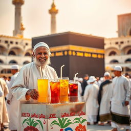 A vendor selling iced tea in a traditional attire, set against the backdrop of the Kaaba in Mecca during Umrah