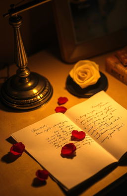 A romantic scene featuring a warm, glowing desk lamp casting a soft light over an open letter