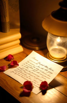 A romantic scene featuring a warm, glowing desk lamp casting a soft light over an open letter