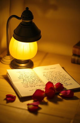 A romantic scene featuring a warm, glowing desk lamp casting a soft light over an open letter