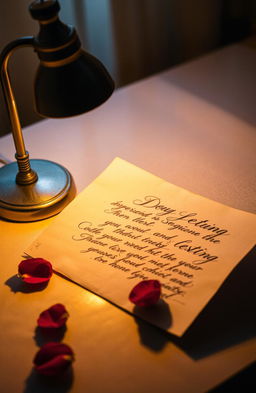 A romantic scene featuring a warm, glowing desk lamp casting a soft light over an open letter