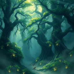 A mystical deep forest shrouded in thick mist, rendered in an anime art style, featuring towering trees with sprawling branches, lush green foliage, and elusive, magical creatures peeking through the mist