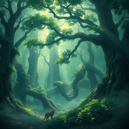 A mystical deep forest shrouded in thick mist, rendered in an anime art style, featuring towering trees with sprawling branches, lush green foliage, and elusive, magical creatures peeking through the mist