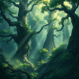 A mystical deep forest shrouded in thick mist, rendered in an anime art style, featuring towering trees with sprawling branches, lush green foliage, and elusive, magical creatures peeking through the mist