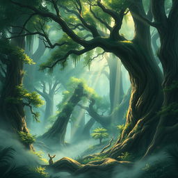 A mystical deep forest shrouded in thick mist, rendered in an anime art style, featuring towering trees with sprawling branches, lush green foliage, and elusive, magical creatures peeking through the mist