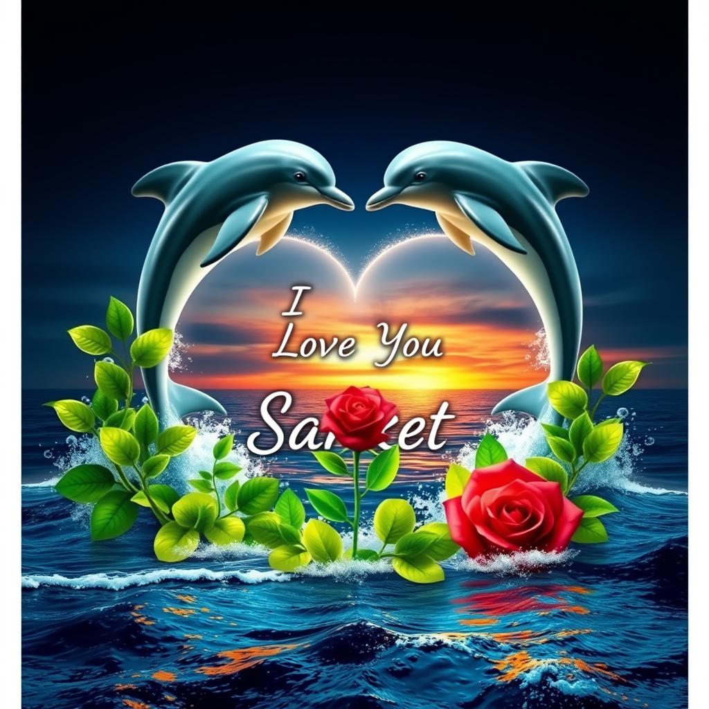 A mesmerizing 6D visual masterpiece that encapsulates the essence of love and serenity, featuring two gracefully leaping dolphins forming a heart around the name 'I Love You Sanket'