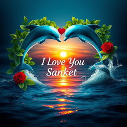 A mesmerizing 6D visual masterpiece that encapsulates the essence of love and serenity, featuring two gracefully leaping dolphins forming a heart around the name 'I Love You Sanket'