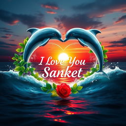 A mesmerizing 6D visual masterpiece that encapsulates the essence of love and serenity, featuring two gracefully leaping dolphins forming a heart around the name 'I Love You Sanket'