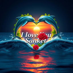 A mesmerizing 6D visual masterpiece that encapsulates the essence of love and serenity, featuring two gracefully leaping dolphins forming a heart around the name 'I Love You Sanket'