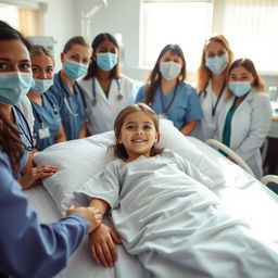 A young girl lying in a hospital bed, looking hopeful and surrounded by a diverse group of medical professionals