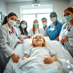 A young girl lying in a hospital bed, looking hopeful and surrounded by a diverse group of medical professionals