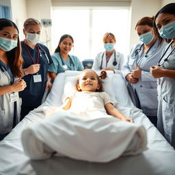 A young girl lying in a hospital bed, looking hopeful and surrounded by a diverse group of medical professionals