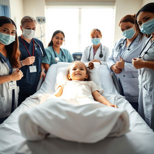 A young girl lying in a hospital bed, looking hopeful and surrounded by a diverse group of medical professionals