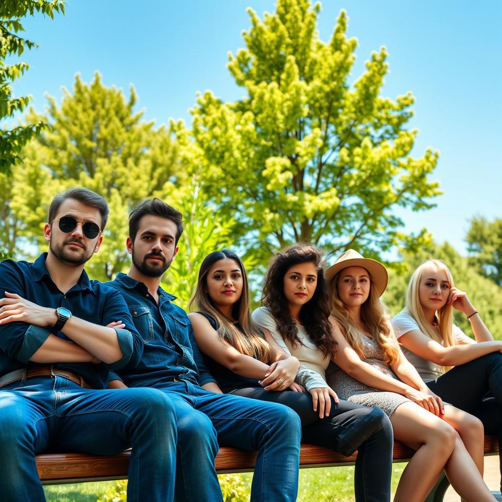 A group of friends sitting on a park bench, displaying expressions of boredom, under the bright intense sunlight