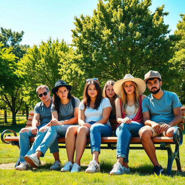 A group of friends sitting on a park bench, displaying expressions of boredom, under the bright intense sunlight