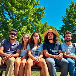 A group of friends sitting on a park bench, displaying expressions of boredom, under the bright intense sunlight