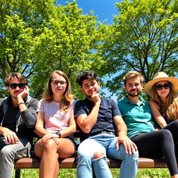 A group of friends sitting on a park bench, displaying expressions of boredom, under the bright intense sunlight
