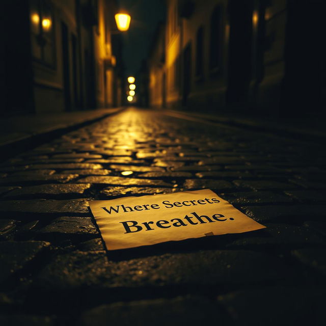 A dark street scene with a vintage feel, illuminated by the soft yellow light of a street lamp