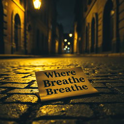 A dark street scene with a vintage feel, illuminated by the soft yellow light of a street lamp