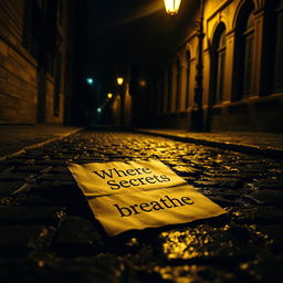 A dark street scene with a vintage feel, illuminated by the soft yellow light of a street lamp