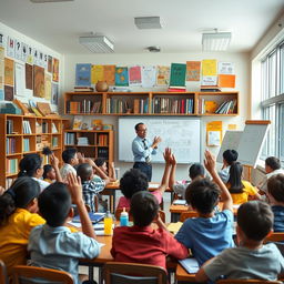 An inspiring classroom scene filled with diverse students engaged in meaningful discussions about education