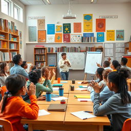 An inspiring classroom scene filled with diverse students engaged in meaningful discussions about education