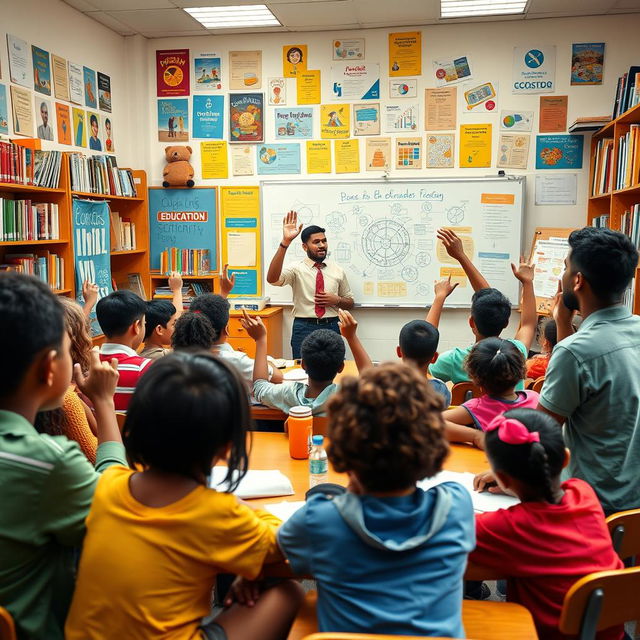 An inspiring classroom scene filled with diverse students engaged in meaningful discussions about education