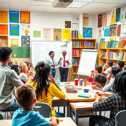 An inspiring classroom scene filled with diverse students engaged in meaningful discussions about education