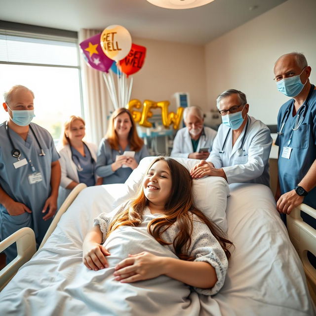 A warmly lit hospital room featuring a 15-year-old girl lying in a hospital bed, looking relieved and happy after a successful stem cell transplant