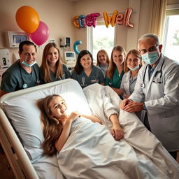 A warmly lit hospital room featuring a 15-year-old girl lying in a hospital bed, looking relieved and happy after a successful stem cell transplant