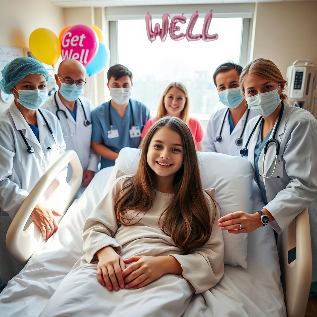 A warmly lit hospital room featuring a 15-year-old girl lying in a hospital bed, looking relieved and happy after a successful stem cell transplant