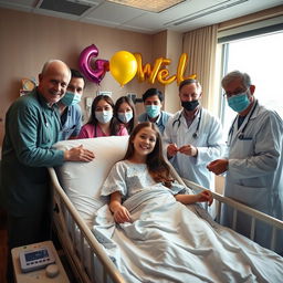 A warmly lit hospital room featuring a 15-year-old girl lying in a hospital bed, looking relieved and happy after a successful stem cell transplant