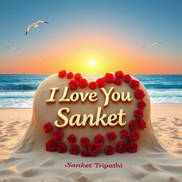 A stunning 3D render of a grand heart-shaped sand sculpture on a beautiful beach, adorned with intricate decorations of vivid, blooming red roses, creating a striking contrast against the sandy texture