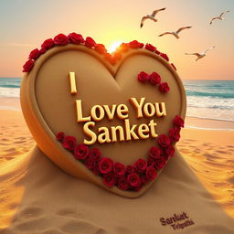 A stunning 3D render of a grand heart-shaped sand sculpture on a beautiful beach, adorned with intricate decorations of vivid, blooming red roses, creating a striking contrast against the sandy texture