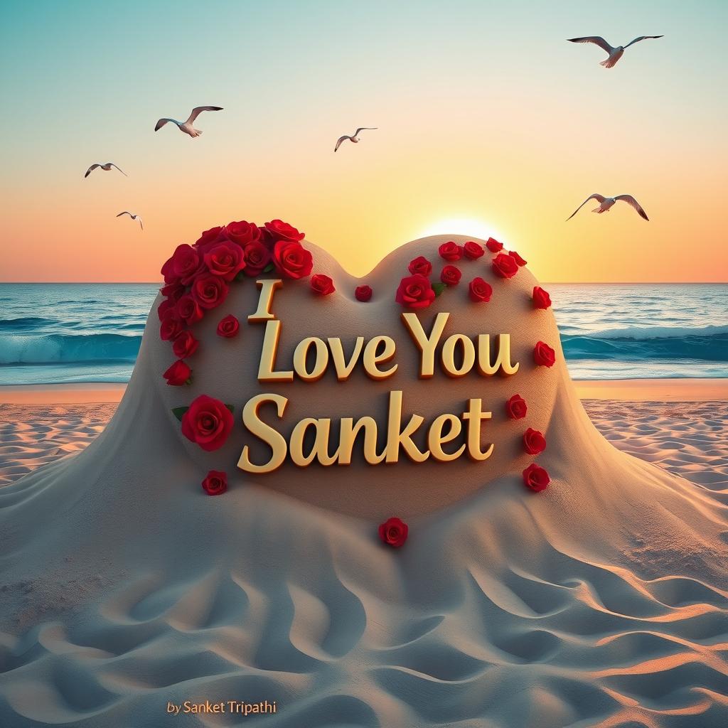 A stunning 3D render of a grand heart-shaped sand sculpture on a beautiful beach, adorned with intricate decorations of vivid, blooming red roses, creating a striking contrast against the sandy texture