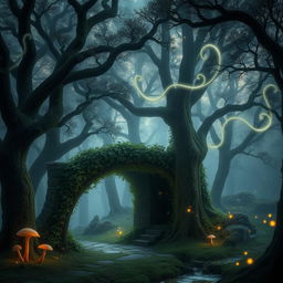 A mystical forest at twilight, filled with ancient trees whose leaves shimmer with a silvery glow