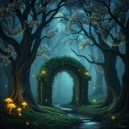 A mystical forest at twilight, filled with ancient trees whose leaves shimmer with a silvery glow