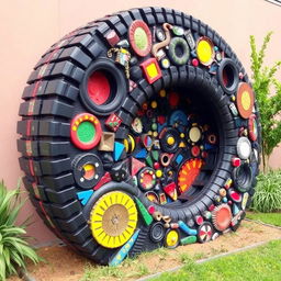 A vibrant and intricate 3D mosaic artwork made from recycled tires, showcasing a variety of colorful patterns and textures
