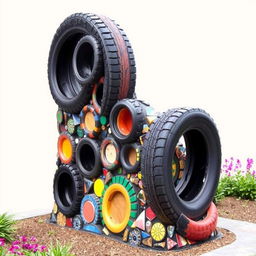 A vibrant and intricate 3D mosaic artwork made from recycled tires, showcasing a variety of colorful patterns and textures
