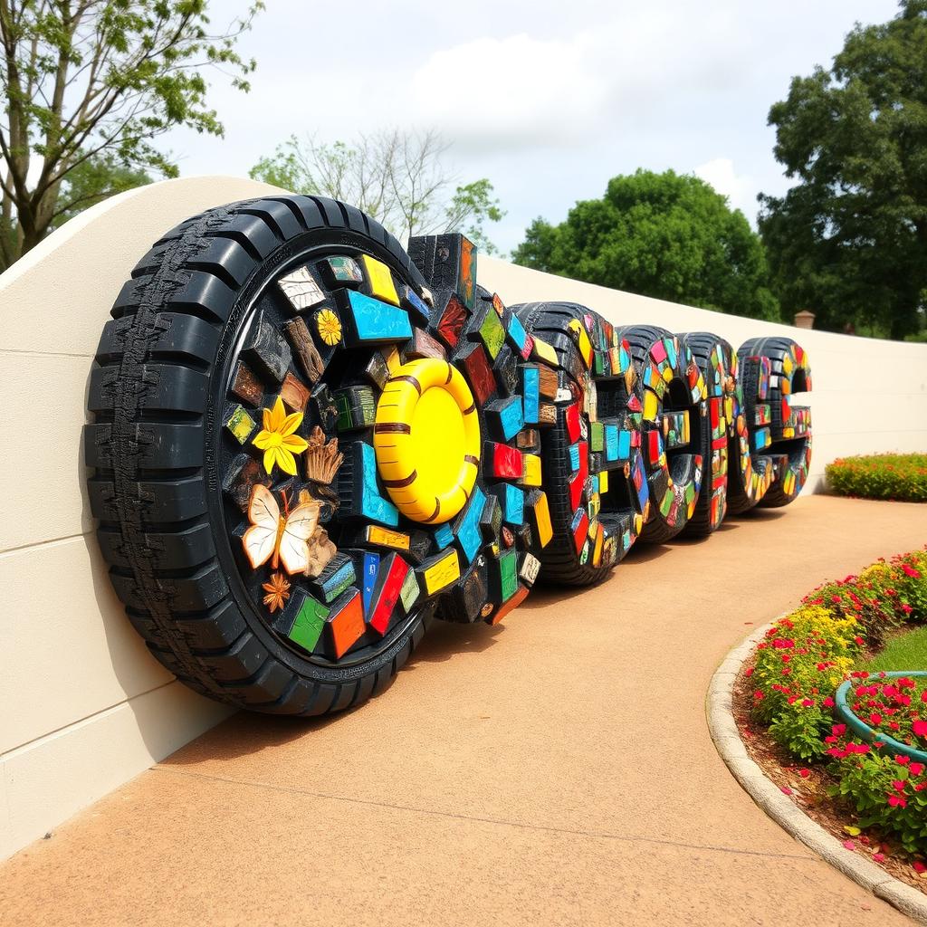 A vibrant and intricate 3D mosaic artwork made from recycled tires, showcasing a variety of colorful patterns and textures