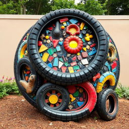 A vibrant and intricate 3D mosaic artwork made from recycled tires, showcasing a variety of colorful patterns and textures