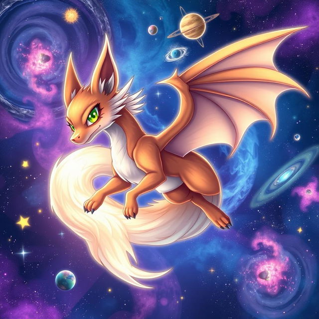 A stunning anime-style illustration featuring a mystical fox-dragon hybrid in space