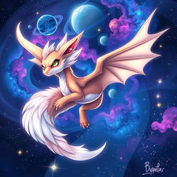 A stunning anime-style illustration featuring a mystical fox-dragon hybrid in space