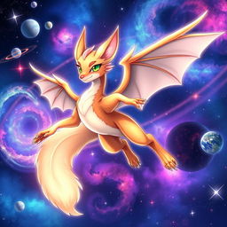 A stunning anime-style illustration featuring a mystical fox-dragon hybrid in space
