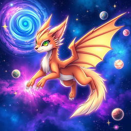 A stunning anime-style illustration featuring a mystical fox-dragon hybrid in space