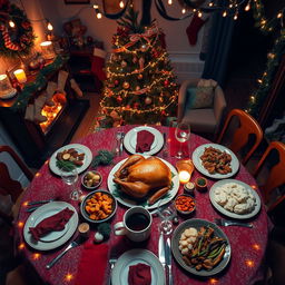 A cozy and festive Christmas dinner scene from a high bird's eye view perspective, featuring a beautifully set dining table adorned with a red and green tablecloth, shining glassware, and an array of delicious dishes including a golden-brown roasted turkey, roasted vegetables, mashed potatoes, cranberry sauce, and a rich gravy boat